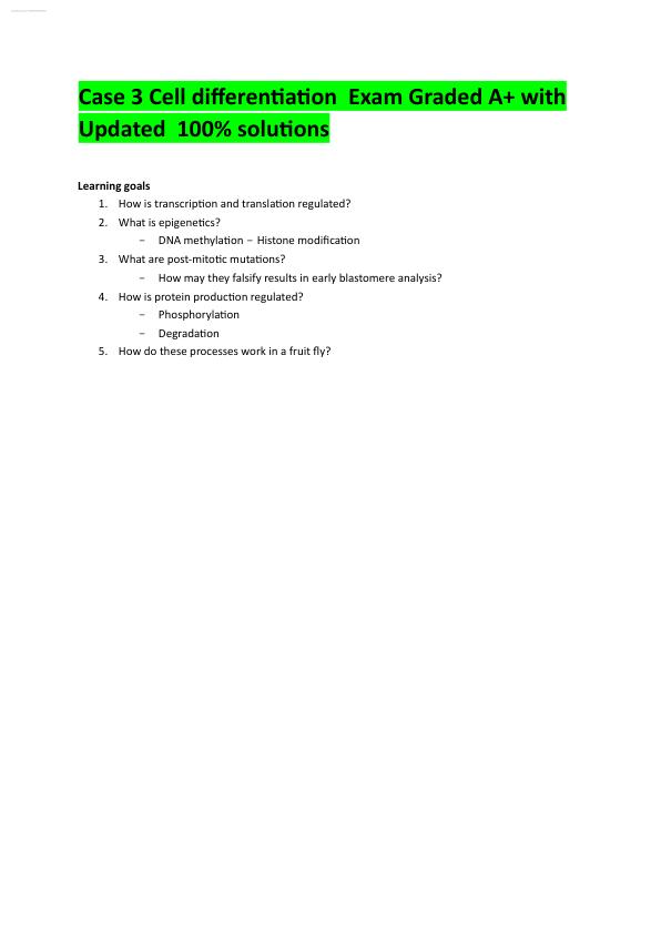 Case 3 Cell differentiation.Exam Graded A+ with Updated  100% solutions