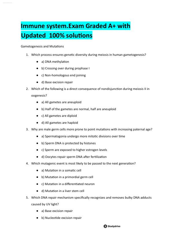 Immune system.Exam Graded A+ with Updated  100% solutions