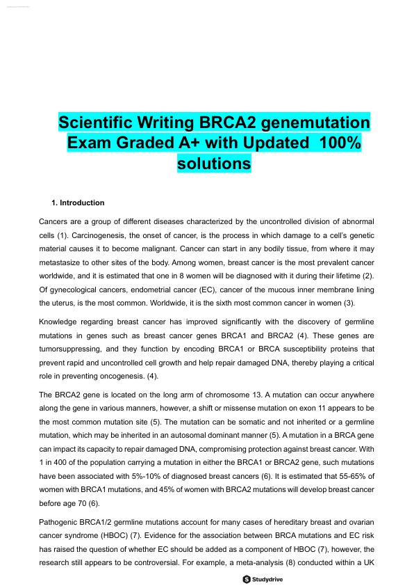 Scientific Writing BRCA2 genemutation Exam Graded A+ with Updated  100% solutions