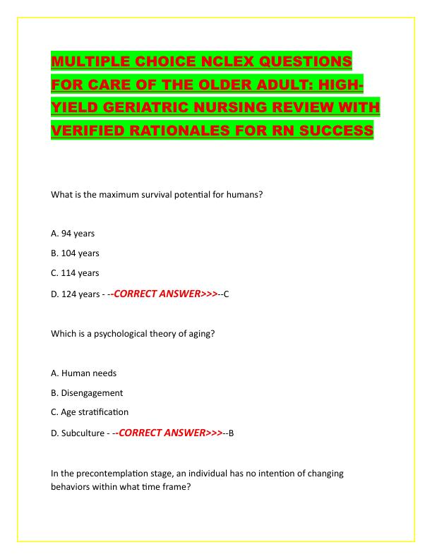 MULTIPLE CHOICE NCLEX QUESTIONS FOR CARE OF THE OLDER ADULT