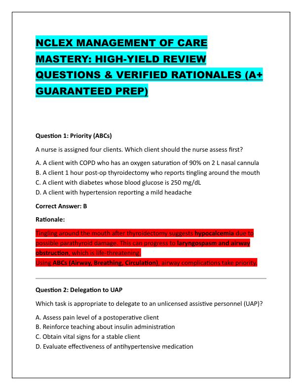NCLEX MANAGEMENT OF CARE MASTERY
