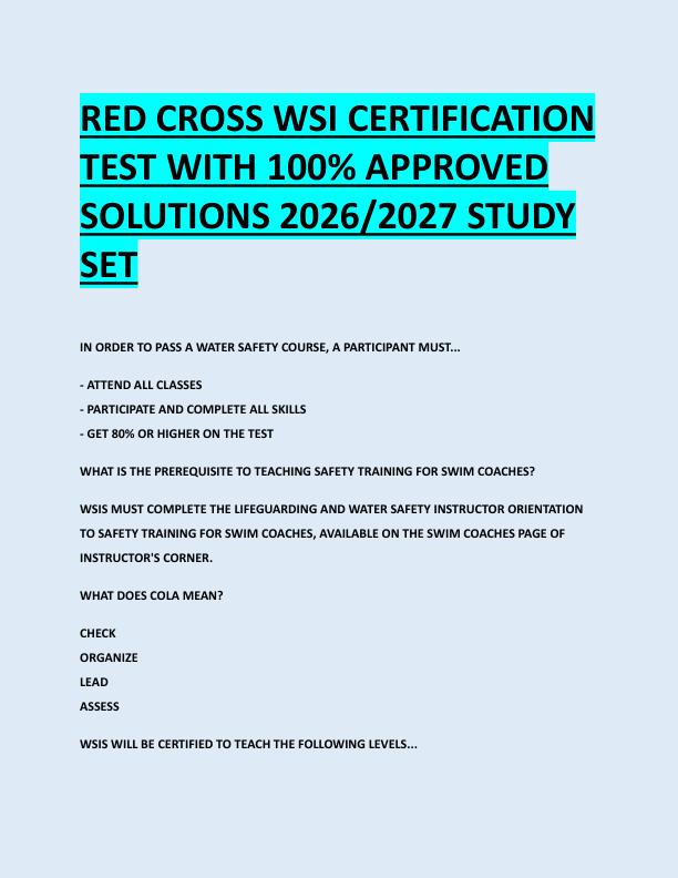 RED CROSS WSI CERTIFICATION  TEST WITH 100% APPROVED  SOLUTIONS 2026/2027 STUDY  SET RED CROSS WSI CERTIFICATION  TEST WITH 100% APPROVED  SOLUTIONS 2026/2027 STUDY  SET 