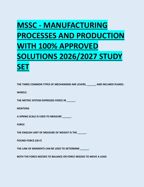 MSSC - MANUFACTURING  PROCESSES AND PRODUCTION  WITH 100% APPROVED  SOLUTIONS 2026/2027 STUDY  SET 