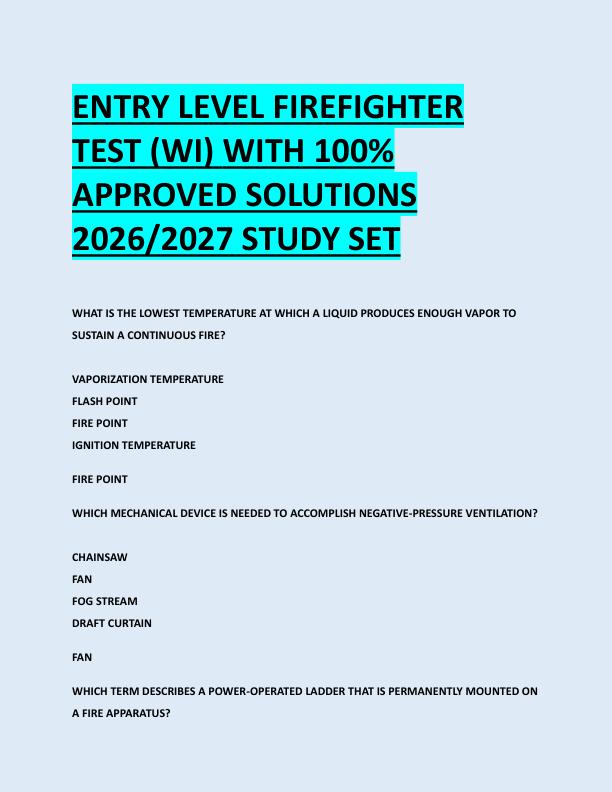ENTRY LEVEL FIREFIGHTER  TEST (WI) WITH 100%  APPROVED SOLUTIONS  2026/2027 STUDY SET 