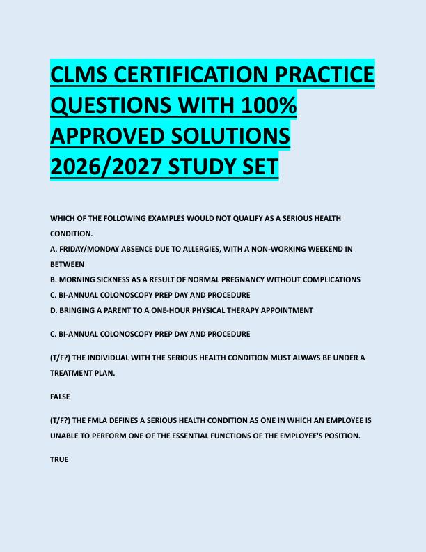 CLMS CERTIFICATION PRACTICE  QUESTIONS WITH 100%  APPROVED SOLUTIONS  2026/2027 STUDY SET 
