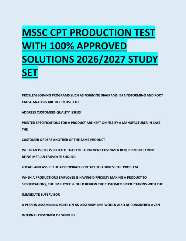 MSSC CPT PRODUCTION TEST  WITH 100% APPROVED  SOLUTIONS 2026/2027 STUDY  SET 