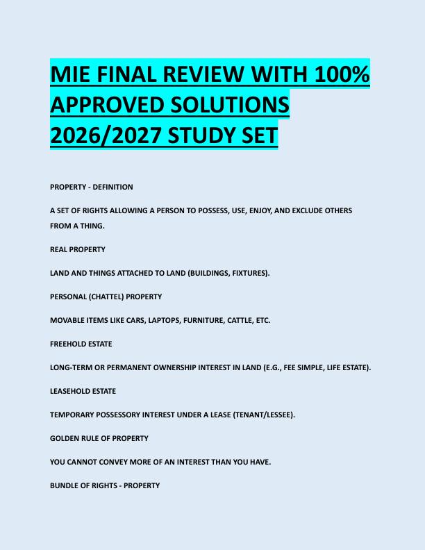 MIE FINAL REVIEW WITH 100%  APPROVED SOLUTIONS  2026/2027 STUDY SET 