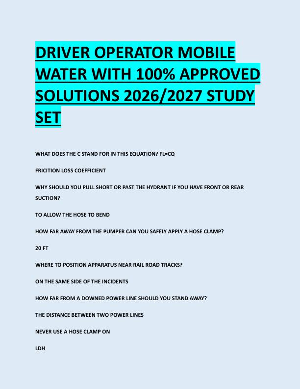 DRIVER OPERATOR MOBILE  WATER WITH 100% APPROVED  SOLUTIONS 2026/2027 STUDY  SET 