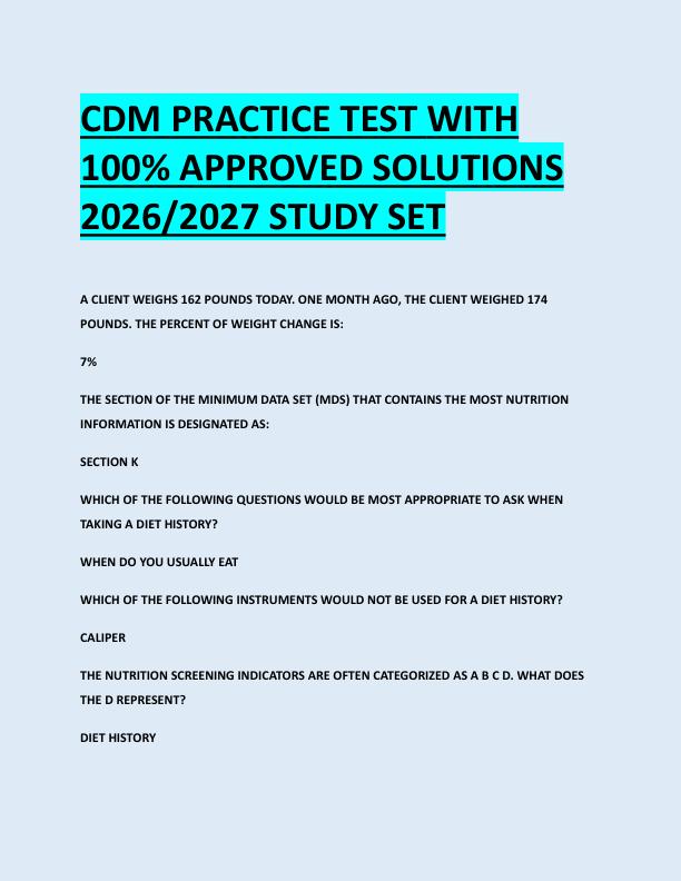 CDM PRACTICE TEST WITH  100% APPROVED SOLUTIONS  2026/2027 STUDY SET 
