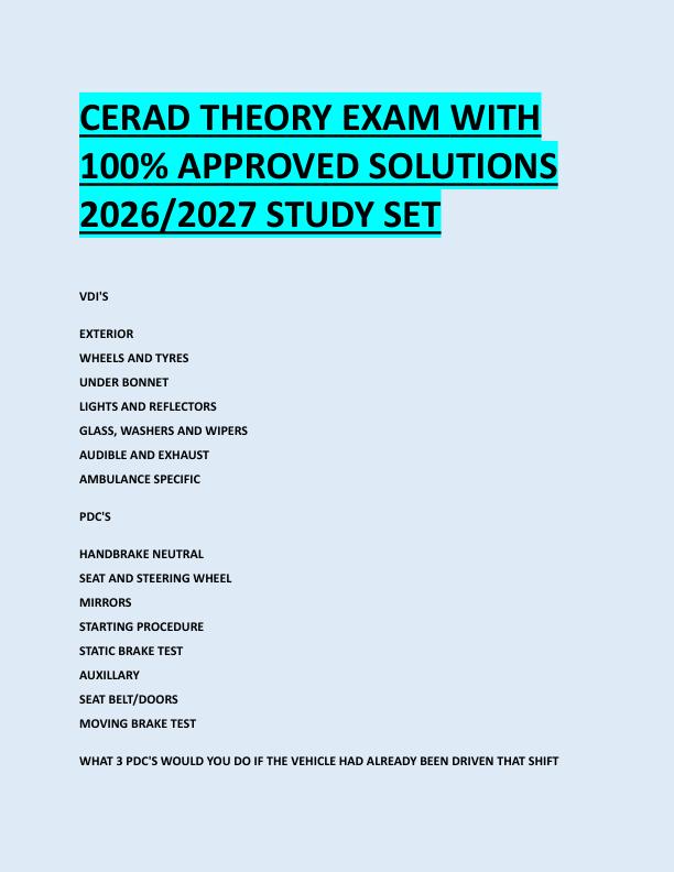 CERAD THEORY EXAM WITH  100% APPROVED SOLUTIONS  2026/2027 STUDY SET 