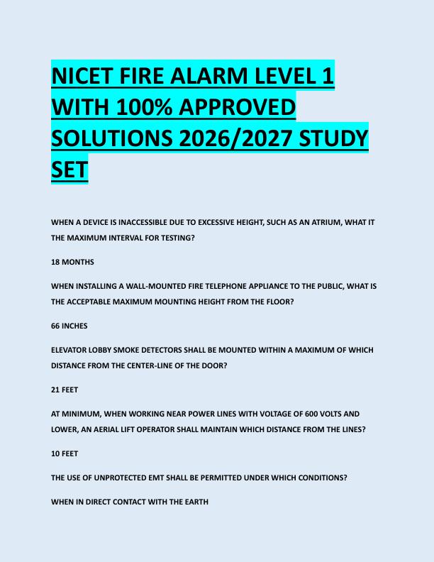 NICET FIRE ALARM LEVEL 1  WITH 100% APPROVED  SOLUTIONS 2026/2027 STUDY  SET 
