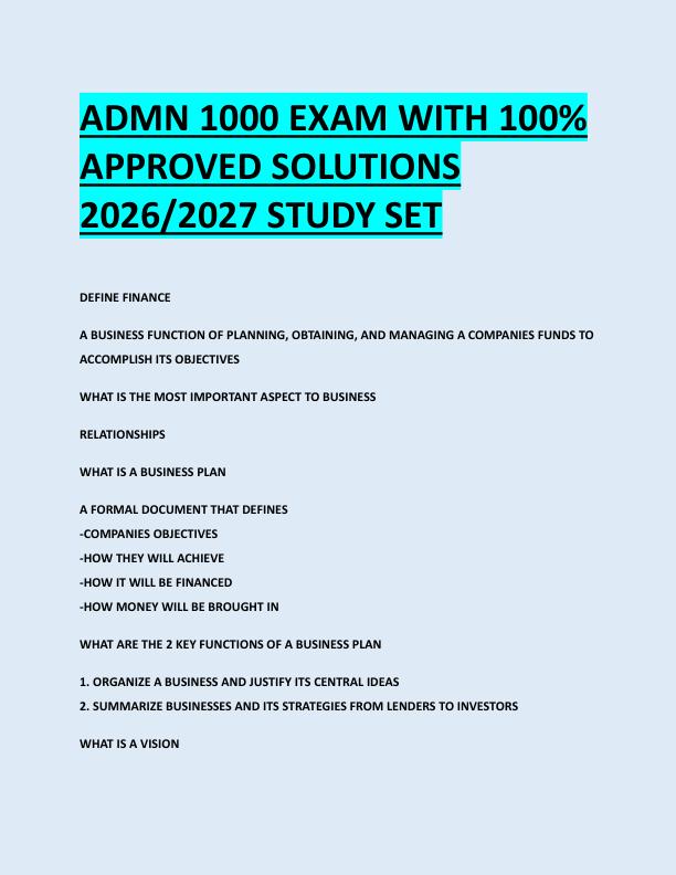 ADMN 1000 EXAM WITH 100%  APPROVED SOLUTIONS  2026/2027 STUDY SET 