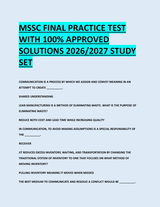 MSSC FINAL PRACTICE TEST  WITH 100% APPROVED  SOLUTIONS 2026/2027 STUDY  SET MSSC FINAL PRACTICE TEST  WITH 100% APPROVED  SOLUTIONS 2026/2027 STUDY  SET 