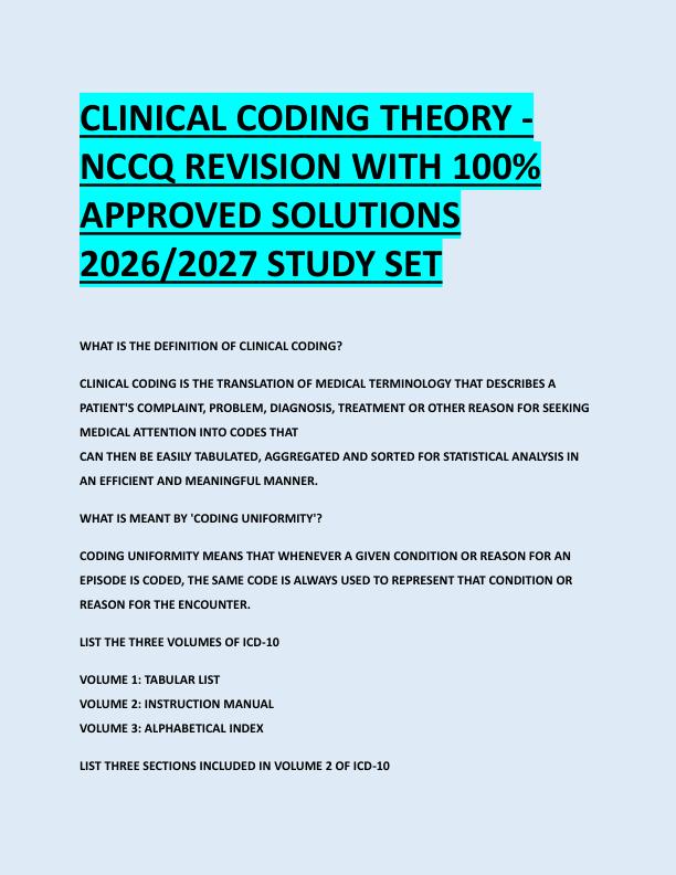 CLINICAL CODING THEORY -  NCCQ REVISION WITH 100%  APPROVED SOLUTIONS  2026/2027 STUDY SET 