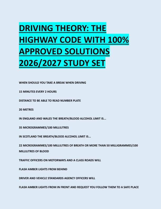 DRIVING THEORY: THE  HIGHWAY CODE WITH 100%  APPROVED SOLUTIONS  2026/2027 STUDY SET 