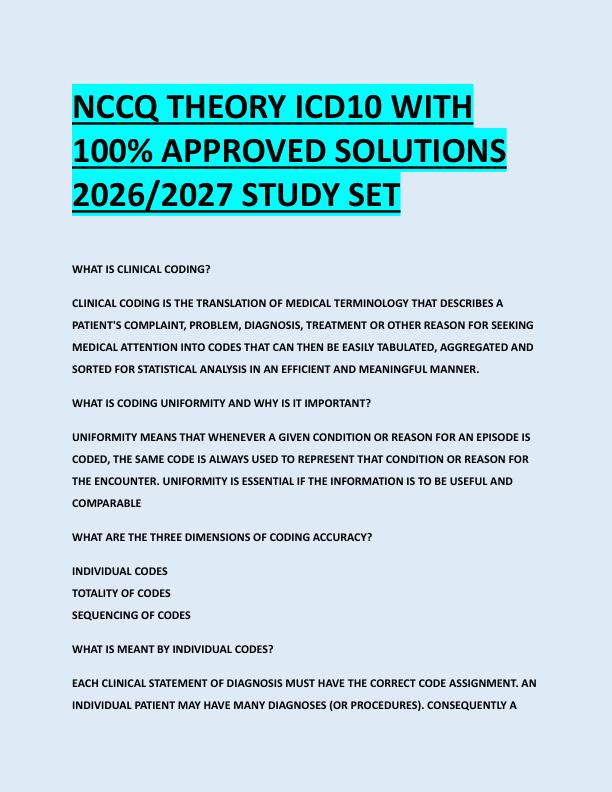 NCCQ THEORY ICD10 WITH  100% APPROVED SOLUTIONS  2026/2027 STUDY SET 