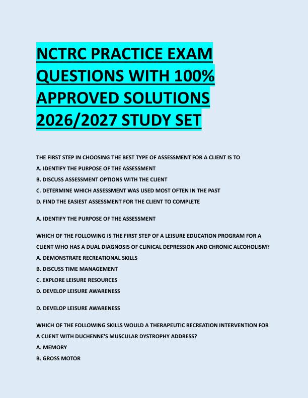 NCTRC PRACTICE EXAM  QUESTIONS WITH 100%  APPROVED SOLUTIONS  2026/2027 STUDY SET NCTRC PRACTICE EXAM  QUESTIONS WITH 100%  APPROVED SOLUTIONS  2026/2027 STUDY SET 