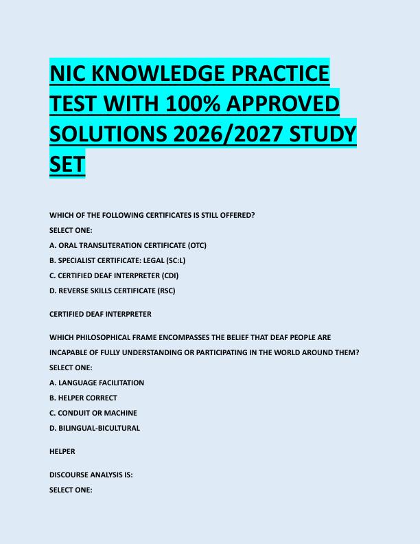 NIC KNOWLEDGE PRACTICE  TEST WITH 100% APPROVED  SOLUTIONS 2026/2027 STUDY  SET 