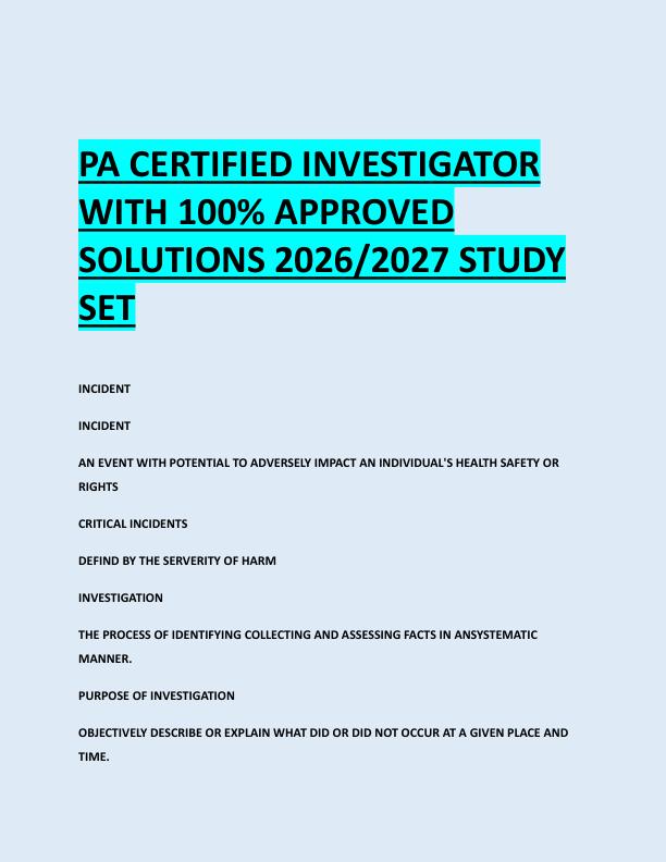 PA CERTIFIED INVESTIGATOR  WITH 100% APPROVED  SOLUTIONS 2026/2027 STUDY  SET 