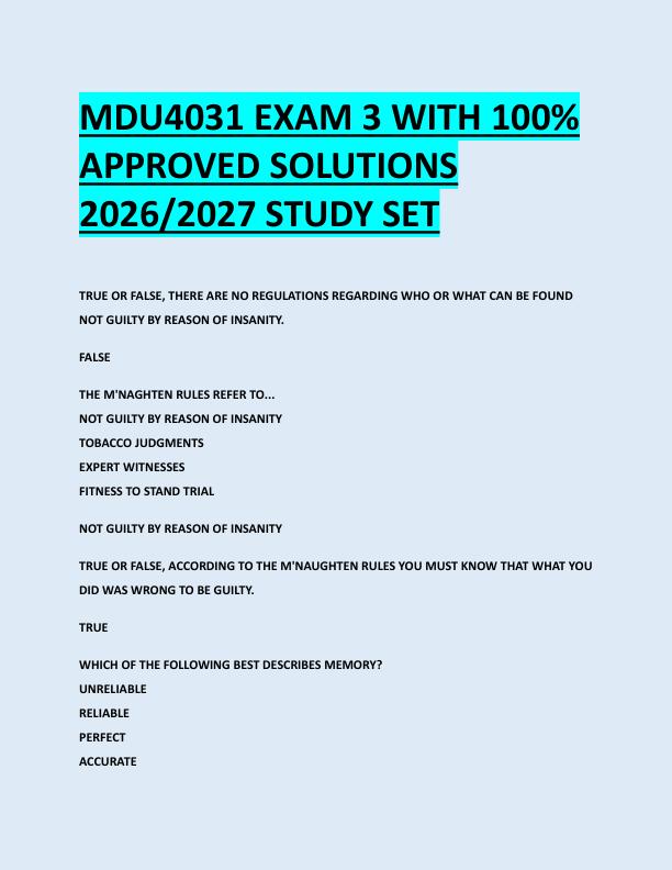 MDU4031 EXAM 3 WITH 100%  APPROVED SOLUTIONS  2026/2027 STUDY SET 