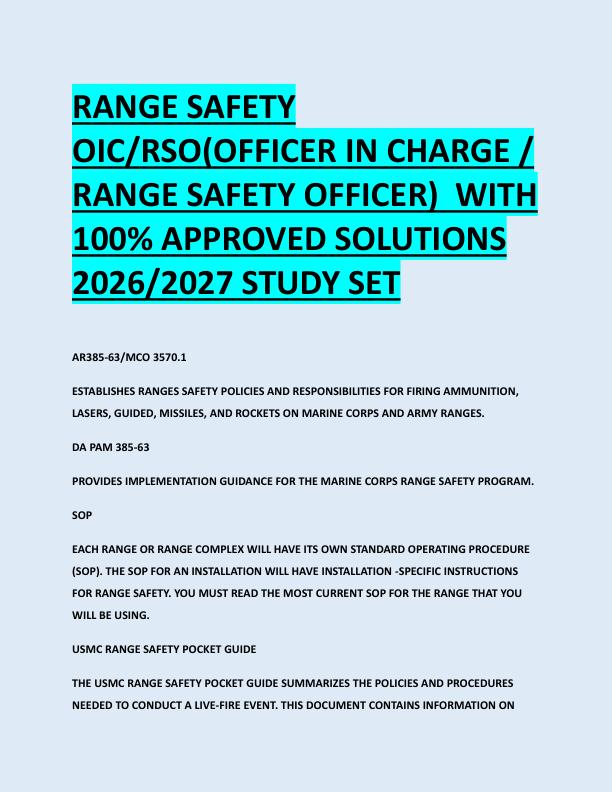 RANGE SAFETY  OIC/RSO(OFFICER IN CHARGE /  RANGE SAFETY OFFICER)  WITH  100% APPROVED SOLUTIONS  2026/2027 STUDY SET 