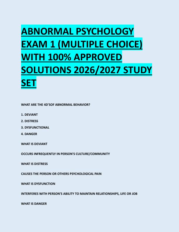 ABNORMAL PSYCHOLOGY  EXAM 1 (MULTIPLE CHOICE)  WITH 100% APPROVED  SOLUTIONS 2026/2027 STUDY  SET 