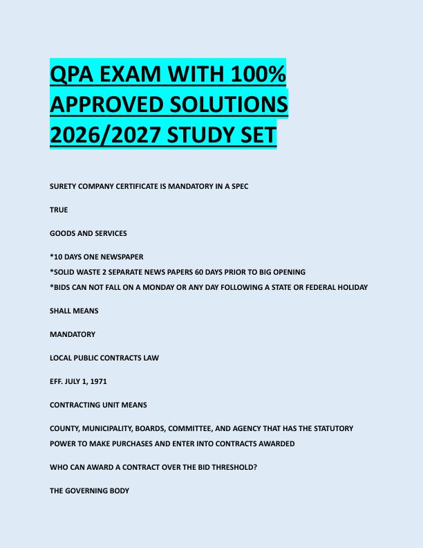 QPA EXAM WITH 100%  APPROVED SOLUTIONS  2026/2027 STUDY SET