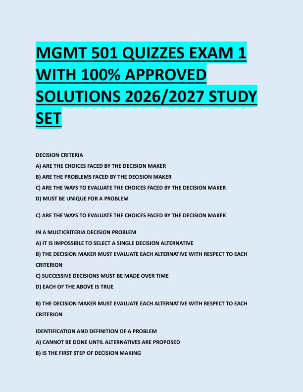 MGMT 501 QUIZZES EXAM 1  WITH 100% APPROVED  SOLUTIONS 2026/2027 STUDY  SET 