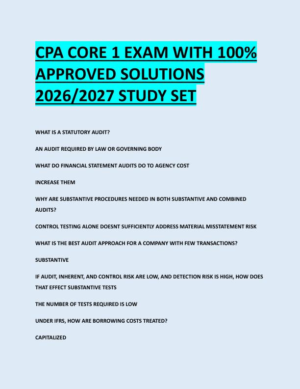 CPA CORE 1 EXAM WITH 100%  APPROVED SOLUTIONS  2026/2027 STUDY SET 