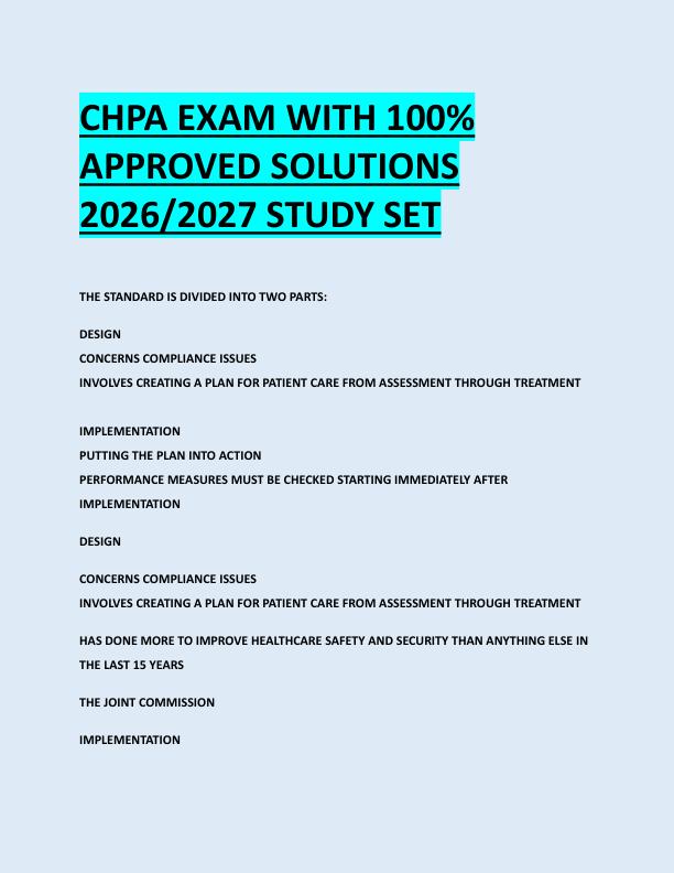 CHPA EXAM WITH 100%  APPROVED SOLUTIONS  2026/2027 STUDY SET
