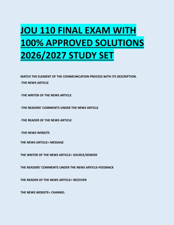 JOU 110 FINAL EXAM WITH  100% APPROVED SOLUTIONS  2026/2027 STUDY SET 
