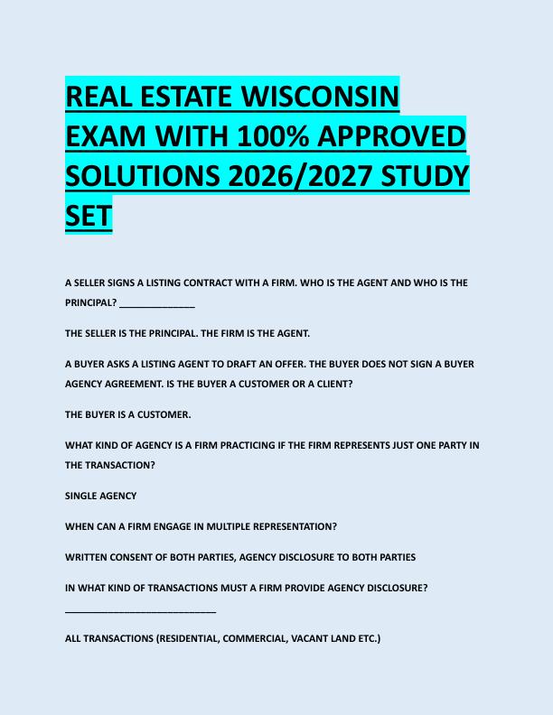REAL ESTATE WISCONSIN  EXAM WITH 100% APPROVED  SOLUTIONS 2026/2027 STUDY  SET 