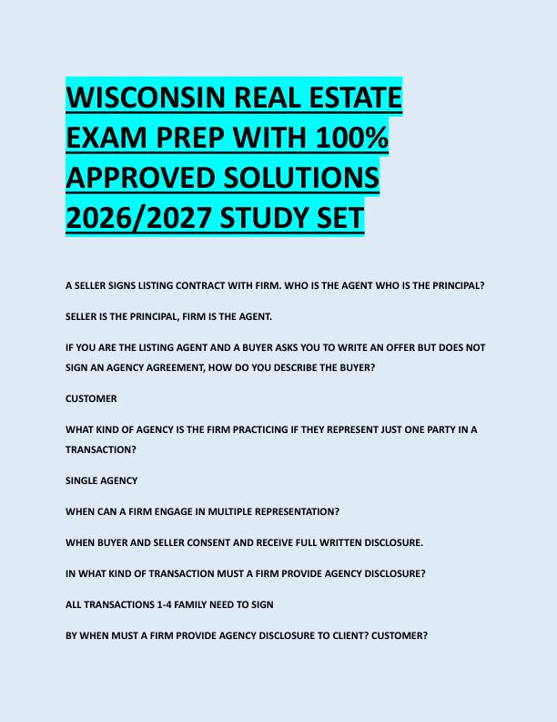 WISCONSIN REAL ESTATE  EXAM PREP WITH 100%  APPROVED SOLUTIONS  2026/2027 STUDY SET