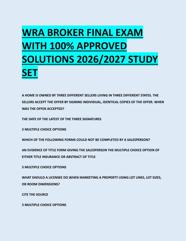 WRA BROKER FINAL EXAM  WITH 100% APPROVED  SOLUTIONS 2026/2027 STUDY  SET 