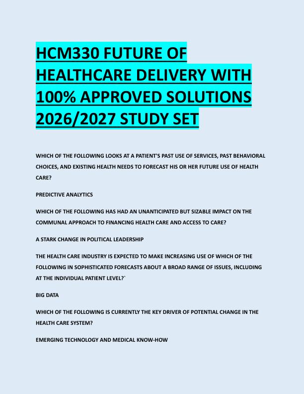 HCM330 FUTURE OF  HEALTHCARE DELIVERY WITH  100% APPROVED SOLUTIONS  2026/2027 STUDY SET