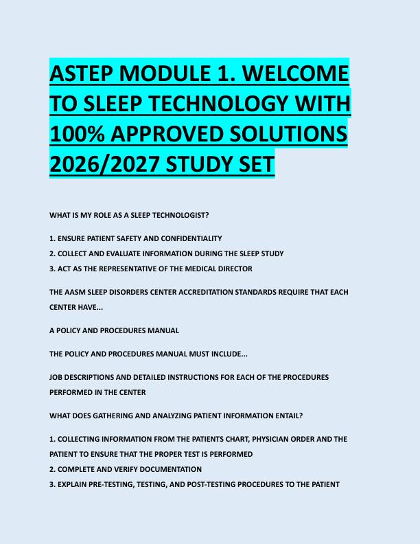 ASTEP MODULE 1. WELCOME  TO SLEEP TECHNOLOGY WITH  100% APPROVED SOLUTIONS  2026/2027 STUDY SET