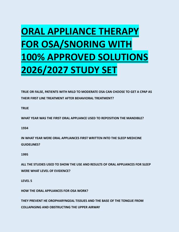 ORAL APPLIANCE THERAPY  FOR OSA/SNORING WITH  100% APPROVED SOLUTIONS  2026/2027 STUDY SET 