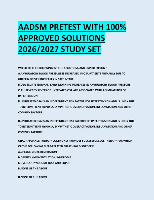 AADSM PRETEST WITH 100%  APPROVED SOLUTIONS  2026/2027 STUDY SET