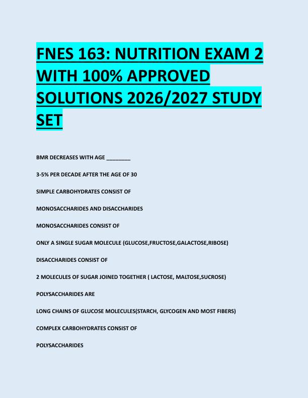 FNES 163: NUTRITION EXAM 2  WITH 100% APPROVED  SOLUTIONS 2026/2027 STUDY  SET 