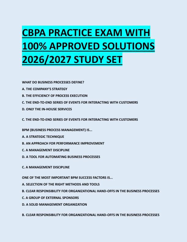 CBPA PRACTICE EXAM WITH  100% APPROVED SOLUTIONS  2026/2027 STUDY SET 