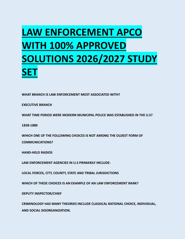 LAW ENFORCEMENT APCO  WITH 100% APPROVED  SOLUTIONS 2026/2027 STUDY  SET 