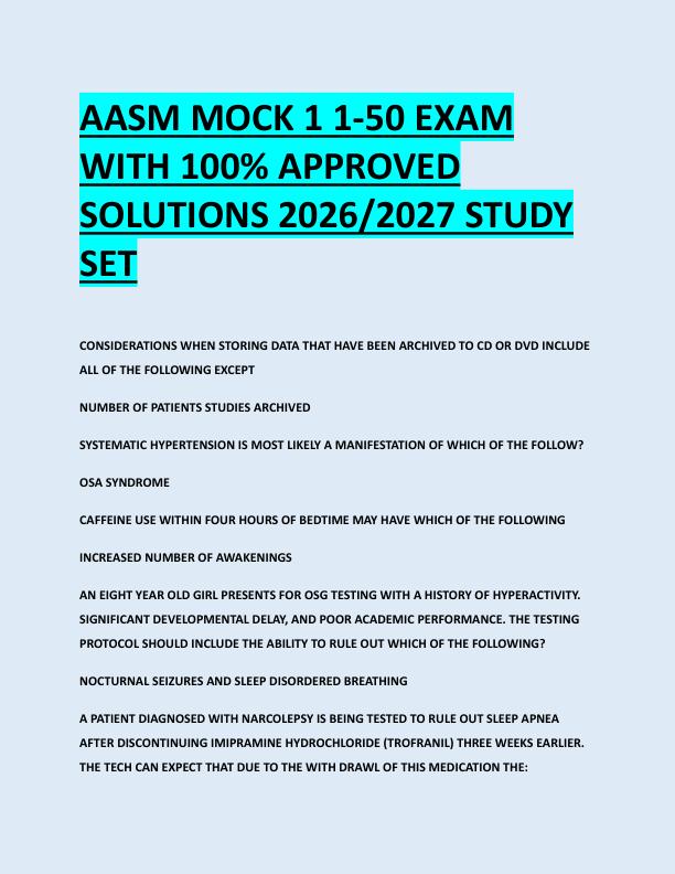 AASM MOCK 1 1-50 EXAM  WITH 100% APPROVED  SOLUTIONS 2026/2027 STUDY  SET 