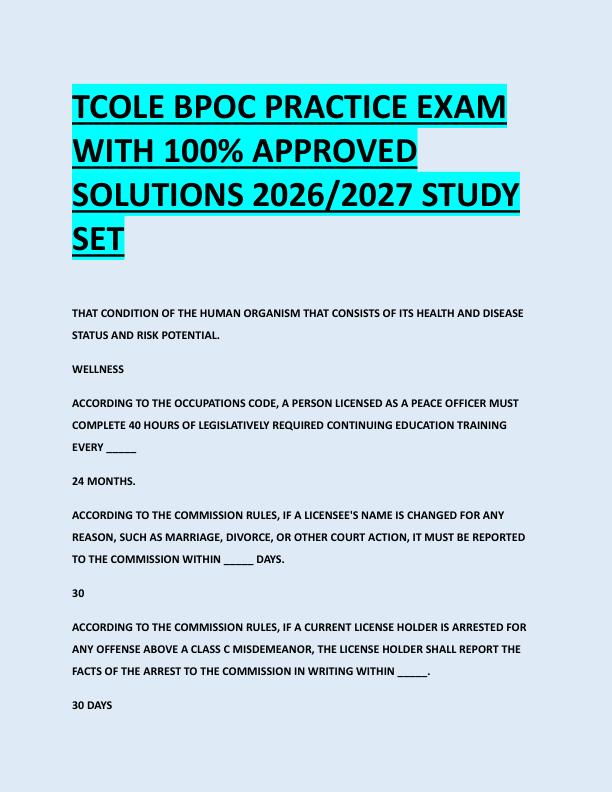 TCOLE BPOC PRACTICE EXAM  WITH 100% APPROVED  SOLUTIONS 2026/2027 STUDY  SET 
