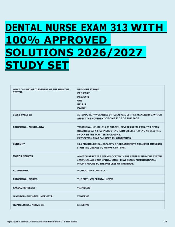 DENTAL NURSE EXAM 313 WITH  100% APPROVED  SOLUTIONS 2026/2027  STUDY SET 
