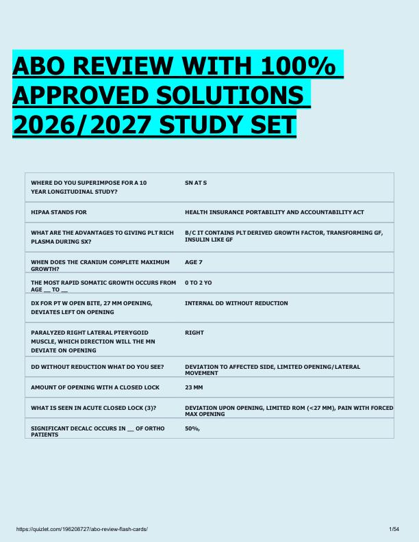 ABO REVIEW WITH 100%  APPROVED SOLUTIONS  2026/2027 STUDY SET 