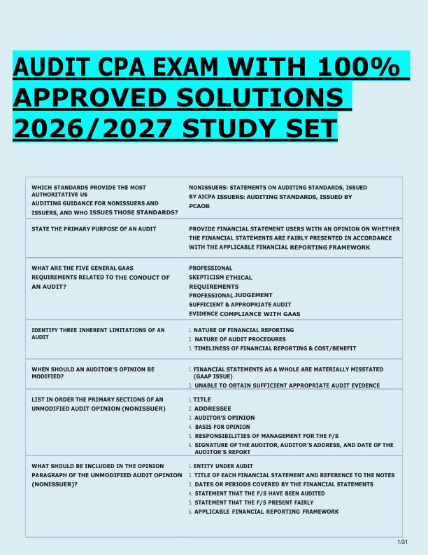 AUDIT CPA EXAM WITH 100%  APPROVED SOLUTIONS  2026/2027 STUDY SET 
