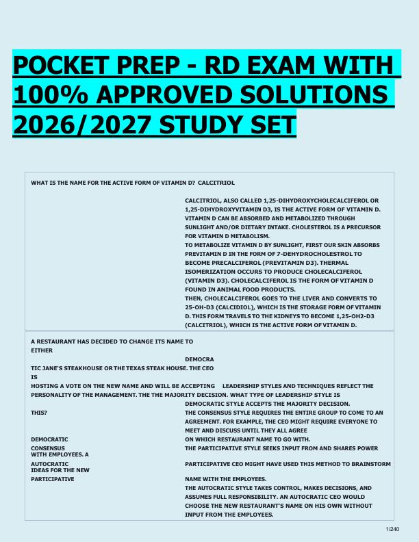 POCKET PREP - RD EXAM WITH  100% APPROVED SOLUTIONS  2026/2027 STUDY SET 