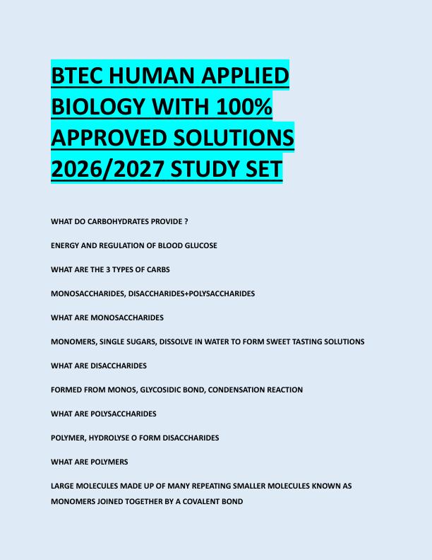 BTEC HUMAN APPLIED  BIOLOGY WITH 100%  APPROVED SOLUTIONS  2026/2027 STUDY SET 