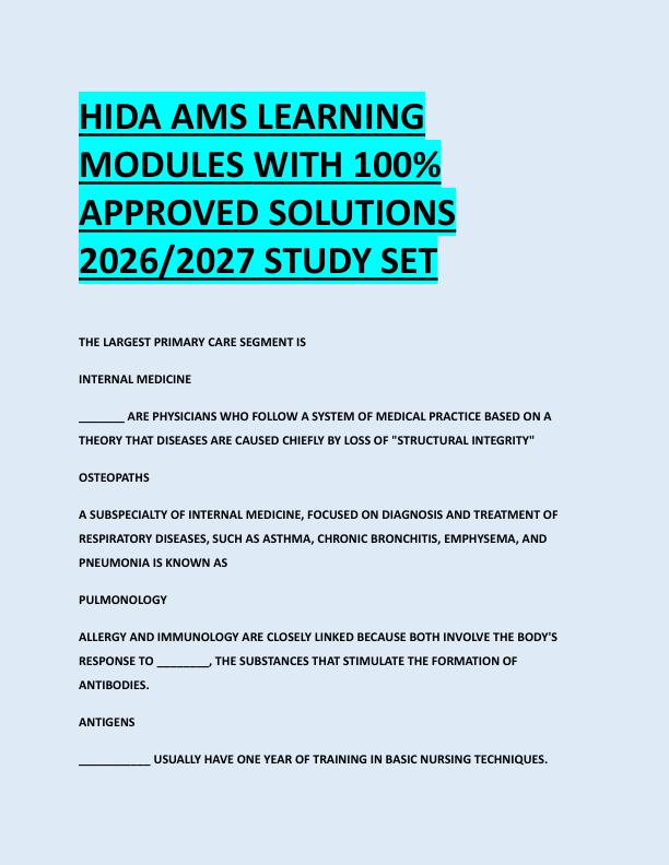 HIDA AMS LEARNING  MODULES WITH 100%  APPROVED SOLUTIONS  2026/2027 STUDY SET 