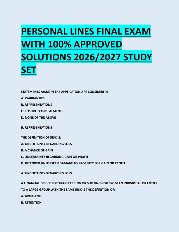 PERSONAL LINES FINAL EXAM  WITH 100% APPROVED  SOLUTIONS 2026/2027 STUDY  SET 